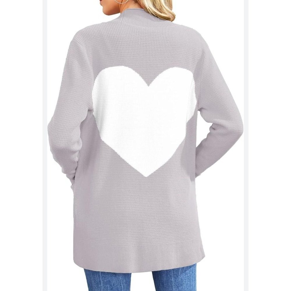 Grey  White Open-Front Cardigan Heart Design Size M Womens Long Sleeve